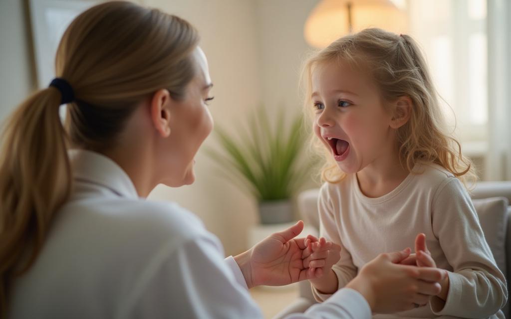 Professional speech therapist assisting a client with communication exercises.
